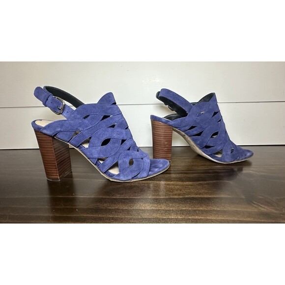 Via Spiga‎ Galore Swirl Strap Chunky Heel Sandals Blue Suede Women's SIZE 7 - Picture 4 of 9